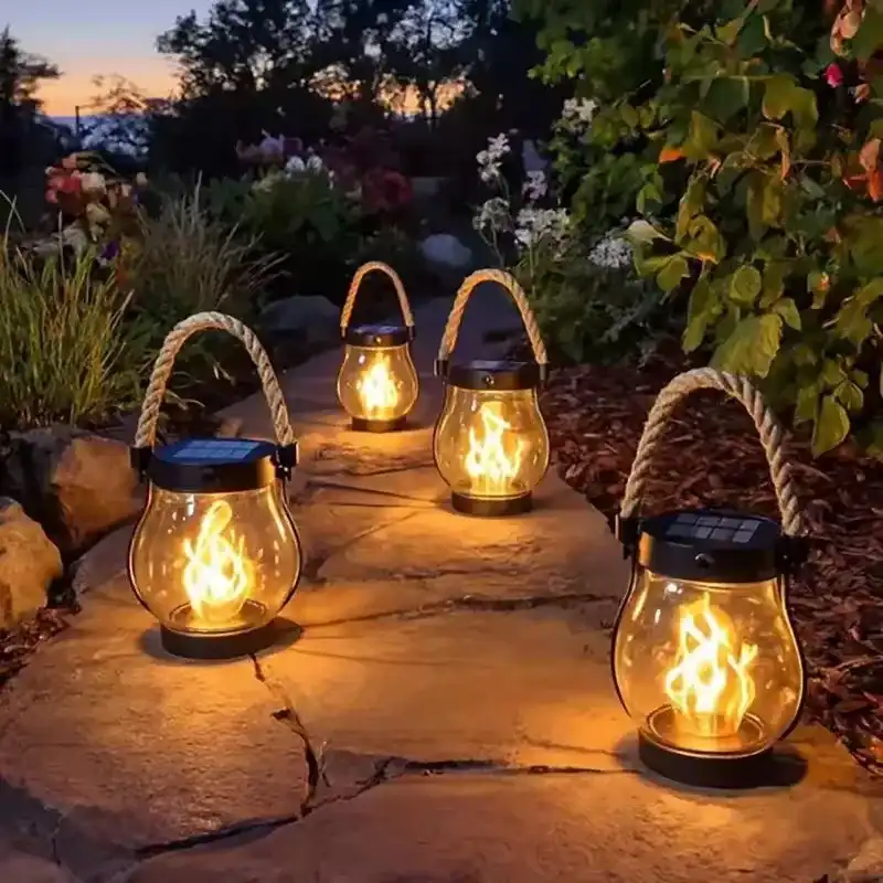 USB Rechargeable Camping Light Solar Flame Lights IPX4 Waterproof 800 Lumens 1200mAh Hanging Lantern